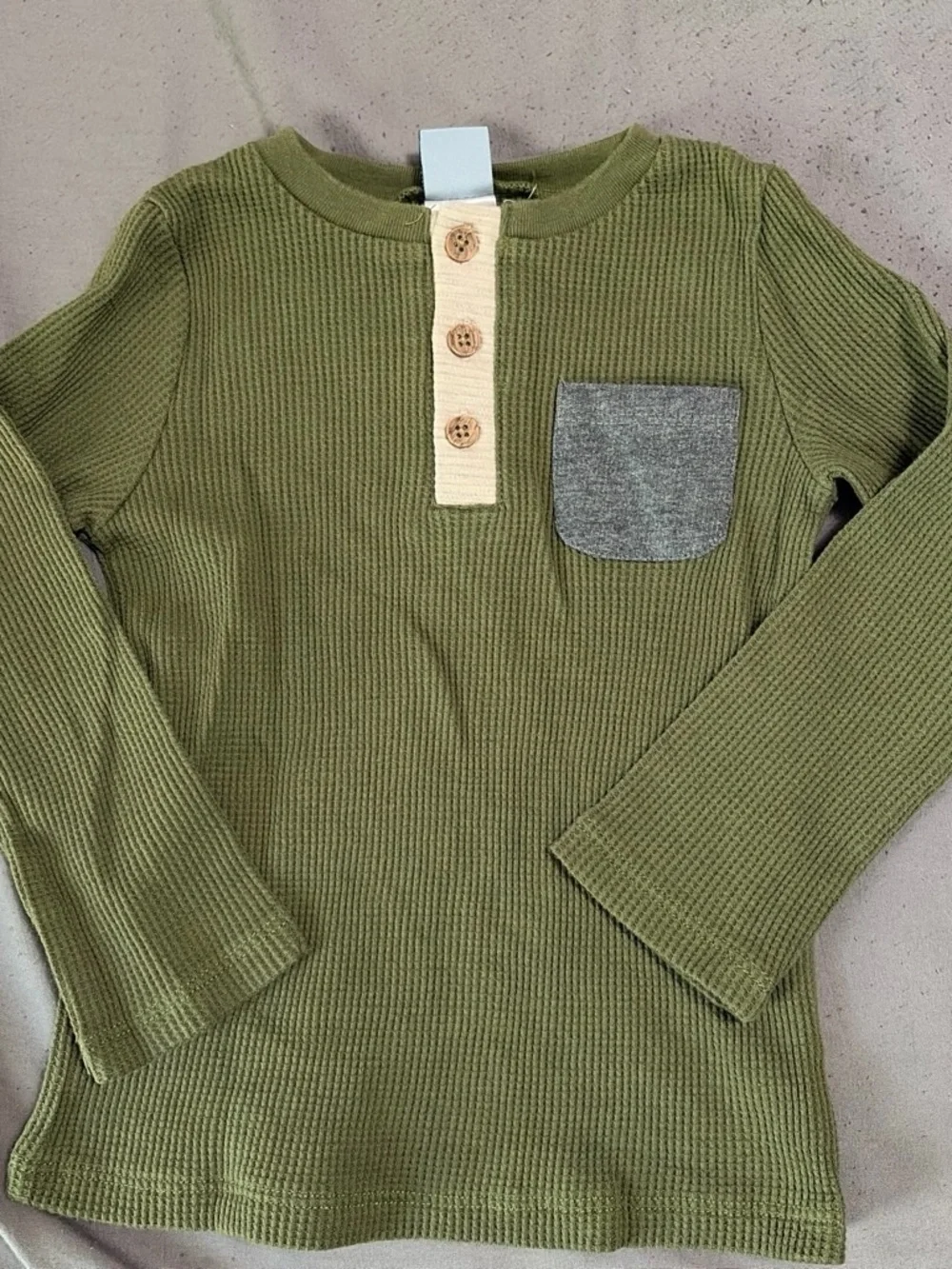 Olive Green Long Sleeve Waffle Top with Pocket